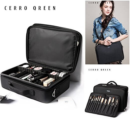 Makeup Train Case -CERROQREEN Professional Beauty Artist Storage Waterproof Makeup Cosmetic Tools Brushes Box Bag Holder Organizer with Shoulder Strap (Black)